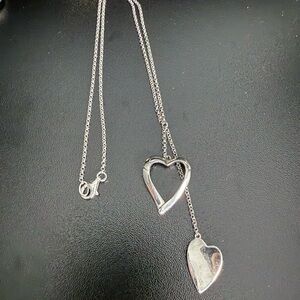 Silver Heart Lariat Necklace - Double Heart Pendant